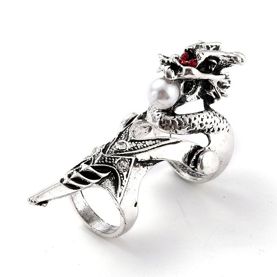 Alloy Rhinestones Finger Rings for Men, Wide Band Rings, Dragon with Imitation Pearl, Antique Silver