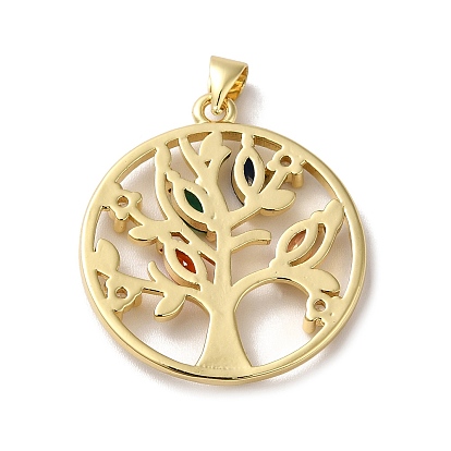 Rack Plating Brass Micro Pave Cubic Zirconia Pendants, Long-Lasting Plated, Lead Free & Cadmium Free, Round Ring with Tree of Life Charm
