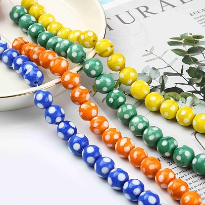 Handmade Lampwork Round Beads Strands, polka-dotted, 12mm, Hole: 2mm, about 23pcs/strand, 13.5 inch