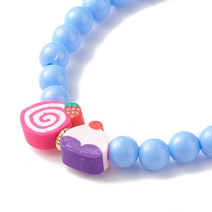 Pulsera elástica de cuentas redondas de plástico de color caramelo con arcilla polimérica en forma de comida para niños