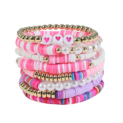 8Pcs 8 Style Imitation Pearl Word Love Beaded Stretch Bracelets Set, Polymer Clay Preppy Bracelets for Valentine's Day