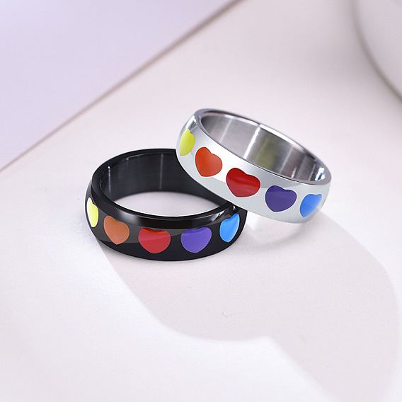 Rainbow Color Pride Flag Enamel Heart Finger Ring, Stainless Steel Jewelry for Women
