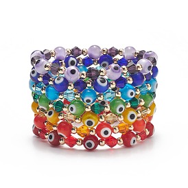 7Pcs 7 Color Lampwork Evil Eye & Brass & Glass Stretch Bracelets Set, Lucky Jewelry for Women