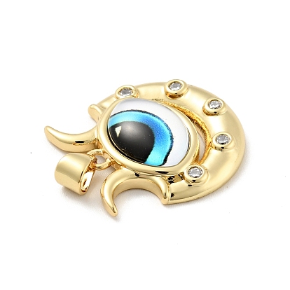 Eye with Moon Brass Micro Pave Clear Cubic Zirconia Pendants, with Resin Eyeball, Cadmium Free & Nickel Free & Lead Free, Real 18K Gold Plated