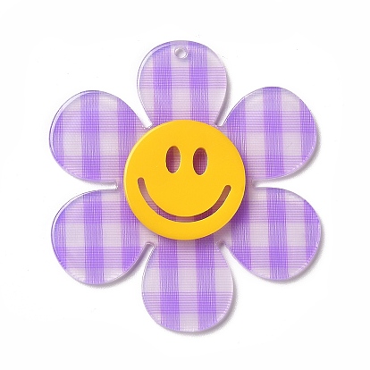 Tartan Pattern Acrylic Big Pendants, Flower with Smiling Face