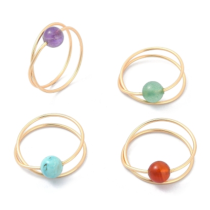 4Pcs 4 Style Natural & Synthetic Mixed Gemstone Round Beaded Finger Rings Set, Golden Copper Criss Cross Stackable Rings