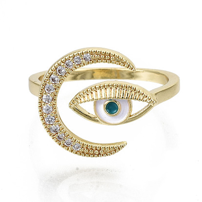 Латунные кольца из манжеты с прозрачным цирконием, открытые кольца, с эмалью, без кадмия, без никеля и без свинца, глаз с луной