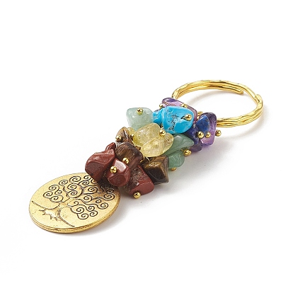Porte-clés pendentif pierre gemme naturelle chakra, avec apprêts en fer et pendentifs en alliage, plat rond
