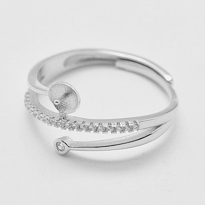 Réglable 925 anneau en argent sterling, pour la moitié de perles percées, avec zircons, taille 8