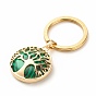 Synthetic & Natural Stone Keychain, with 304 Stainless Steel Keychain Clasp, Flat Round with Tree of Life