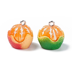 Opaque Resin Pendants, Tangerine Charms, with Platinum Tone Iron Loops, Imitation Fruit
