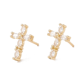 Clear Cubic Zirconia Cross Stud Earrings, Brass Jewelry for Women, Lead Free & Cadmium Free