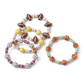 4 pcs 4 ensemble de bracelets extensibles en perles d'argile polymère de style, bracelets empilables de balles de sport en acrylique