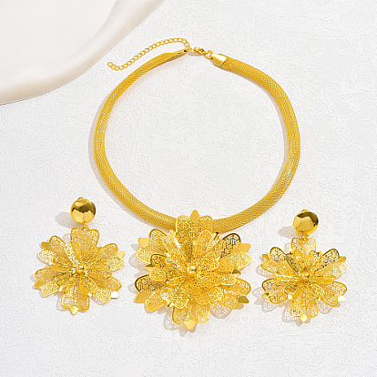 Iron Filigree Flower Jewelry Set, Pendant Necklaces & Dangle Stud Earrings