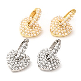 Rack Plating Brass Heart Dangle Hoop Earrings with ABS Imitation Pearl Beaded