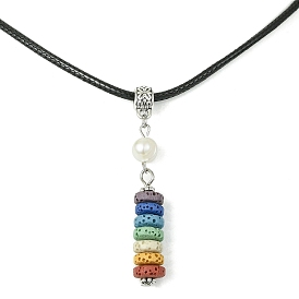 Dyed Natural Lava Rock Disc & Pearl Beaded Pendant Necklaces, with Imitation Leather Cords