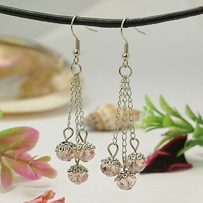 Stylish Tibetan Style Chandelier Earrings, with Rondelle Glass Beads, Iron Chains and Brass Earring Hooks, 62mm
