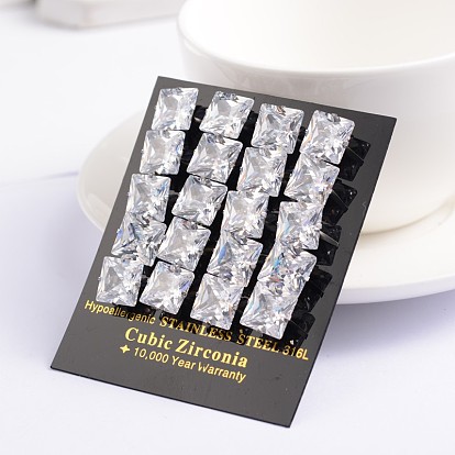 Square Cubic Zirconia Stud Earrings, with 304 Stainless Steel Pins