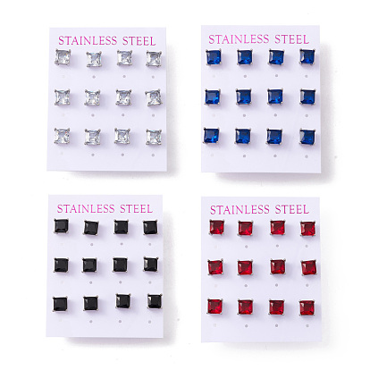 6 paires de minuscules boucles d'oreilles carrées en zircone cubique, 304 bijoux en acier inoxydable pour femmes