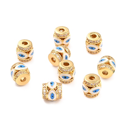 Real 18K Gold Plated Brass Micro Pave Clear Cubic Zirconia Beads, Cadmium Free & Nickel Free & Lead Free, with Enamel, Column with Evil Eyes