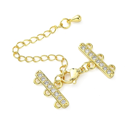 Brass Micro Pave Cubic Zirconia Chain Extender, Necklace Layering Clasps, with 3 Strands 6-Hole Ends and Lobster Claw Clasps, Nickel Free, Clear
