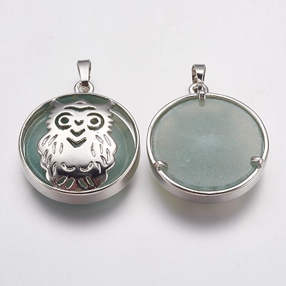 Gemstone Pendants, with Platinum Tone Brass Findings, Flat Round with Owl