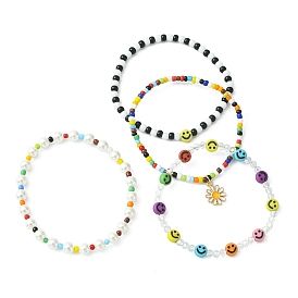 4Pcs 4 Style Natural Pearl & Smiling Face Acrylic & Glass Seed Stretch Bracelets Set, Alloy Enamel Flower Charms Stackable Bracelets for Women