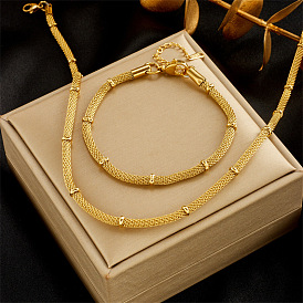 Collier et bracelet minimalistes en perles de bambou sertis d'une chaîne circulaire en maille métallique - bijoux de mode rétro