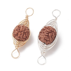 Natural Rudraksha Copper Wire Wrapped Connector Charms, Oval Links, Undyed