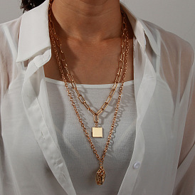 Fashionable Long Geometric Pendant Necklace with Metal Key Charm - European and American Style