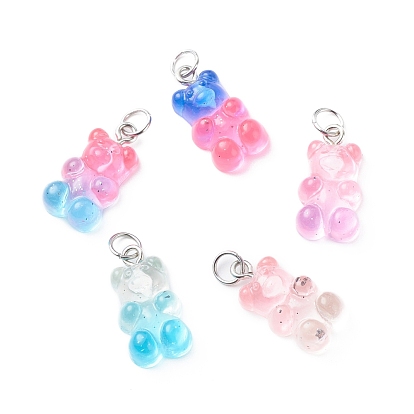 Gradient Color Transparent Resin Pendants, with Glitter Powder and Stainless Steel Color Tone 304 Stainless Steel Jump Rings, Bear Charm