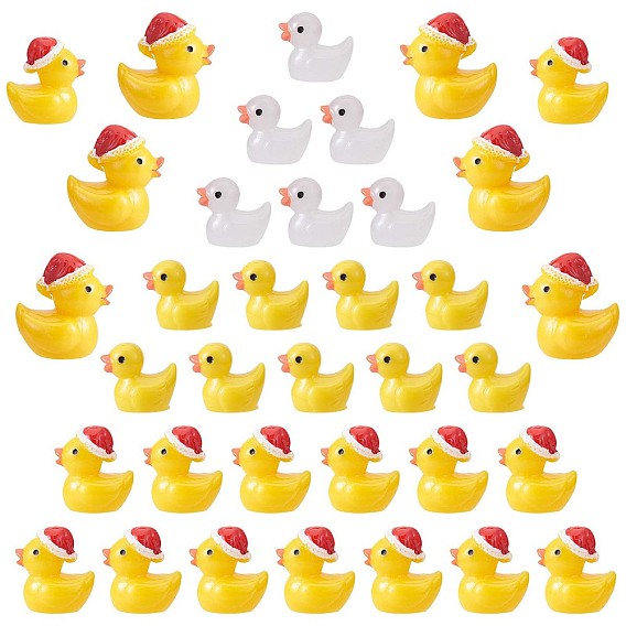 40 Pcs 4 Style Luminous Mini Ducks, Yellow and White Tiny Ducks, Christmas Hat Resin Duck, Mini Resin Animal for Fairy Garden, Miniature Landscape, Tabletop, Cake, Potted Plants Decor