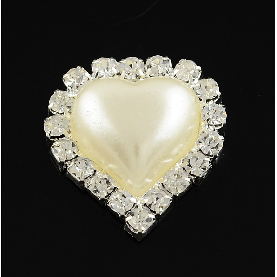 Блестящий flatback сердце латунь абс пластмасса имитация жемчужины кабошоны, с марки А хрустальные стразы, серебристый цвет металлик, 23.5x21.5x6.5 мм