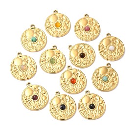 Ion Plating(IP) 316 Stainless Steel Flat Round Pendants, Gemstone Flower Charms, Real 24K Gold Plated