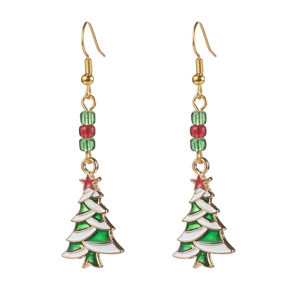 Christmas Theme Alloy Enamel Dangle Earrings, with Brass Earring Hooks and Glass Seed Beads, Mixed Shapes, Golden