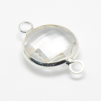 Connecteurs de liens en verre en laiton plaqué couleur argent, plat rond