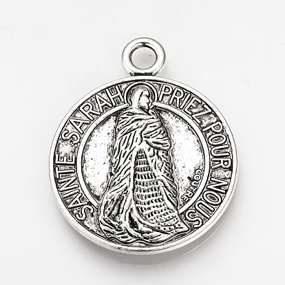 Tibetan Style Alloy Pendants, Flat Round, Cadmium Free & Lead Free, Saint Sarah Medal