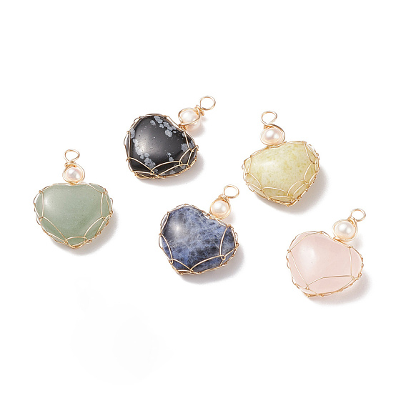 Natural Gemstone & Freshwater Pearl Pendants, with Real 18K Gold Plated Copper Wire Wrapped, Heart