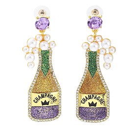 Carnival Theme Glitter Zinc Alloy Champagne Winebottle Dangle Stud Earrings, Long Drop Earrings with Plastic Pearl Beaded