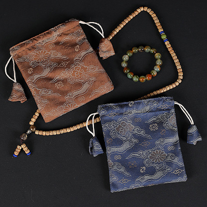 Rectangle Chinese Style Cloth Jewelry Drawstring Gift Bags for Earrings, Bracelets, Necklaces Packaging, Auspicious Cloud Pattern
