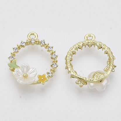 Colgantes de la aleación del esmalte, con diamantes de imitación acrílico y cristal, anillo redondo con flor, la luz de oro