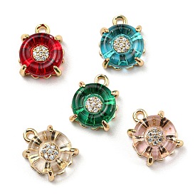 Brass Micro Pave Cubic Zirconia Charms, with Glass, Lead Free & Cadmium Free, Long-Lasting Plated, Flat Round Charm