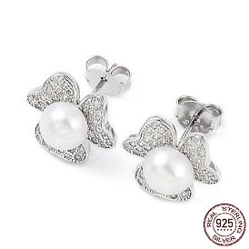 Cubic Zirconia Flower with Natural Pearl Stud Earrings, 925 Sterling Silver Earrings for Women