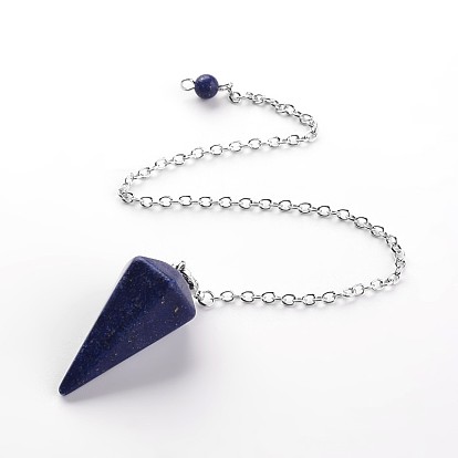 Platinum Tone Brass Gemstone Cone Hexagonal Pointed Dowsing Pendulums, with Lobster Claw Clasps, 230x3mm