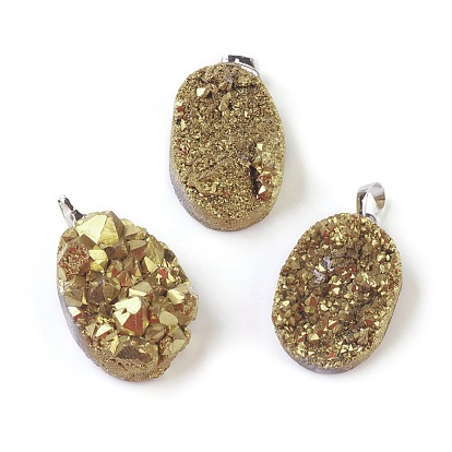 Electroplated Natural Druzy Quartz Crystal Pendants, with Brass Findings, Oval