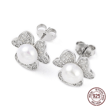 Fleur de zircone cubique avec boucles d'oreilles en perles naturelles, 925 boucles d'oreilles en argent sterling pour femmes
