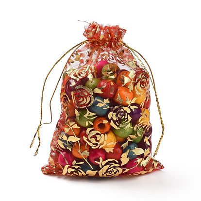Estampación en oro rosa de flores de organza rectángulo bolsas de regalo, joyas bolsas de embalaje dibujable