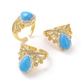 Synthetic Turquoise Crown Open Cuff Ring with Crystal Rhinestone, Golden Brass Wide Ring for Women