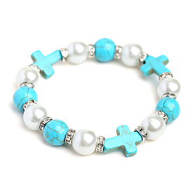 Bracelet extensible croix turquoise synthétique & perle plastique & strass, bijoux en pierres précieuses pour femmes