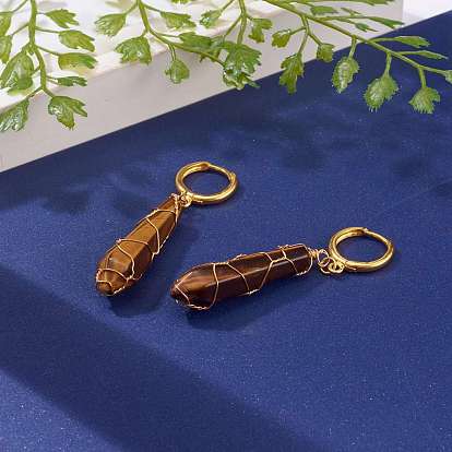 Brass Huggie Hoop Earrings, with Natural Gemstone Wire Wrapped Bullet Pendants, Golden
